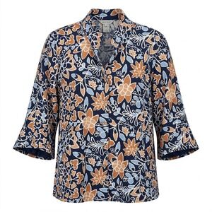NEW Multiples Womens 2X Creme Brulee Floral Button Front Bell Sleeve Shirt
